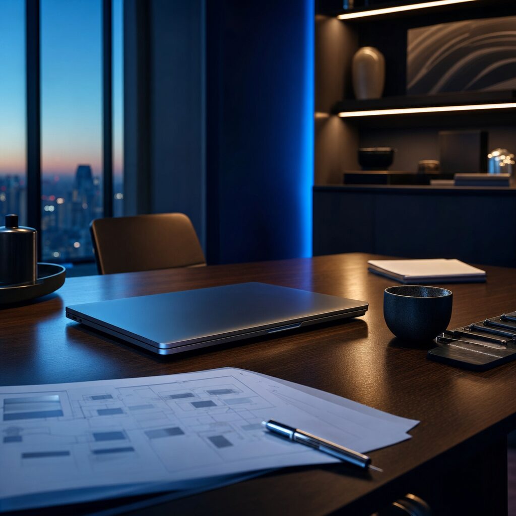 Dim operations room with system panels lit in blue