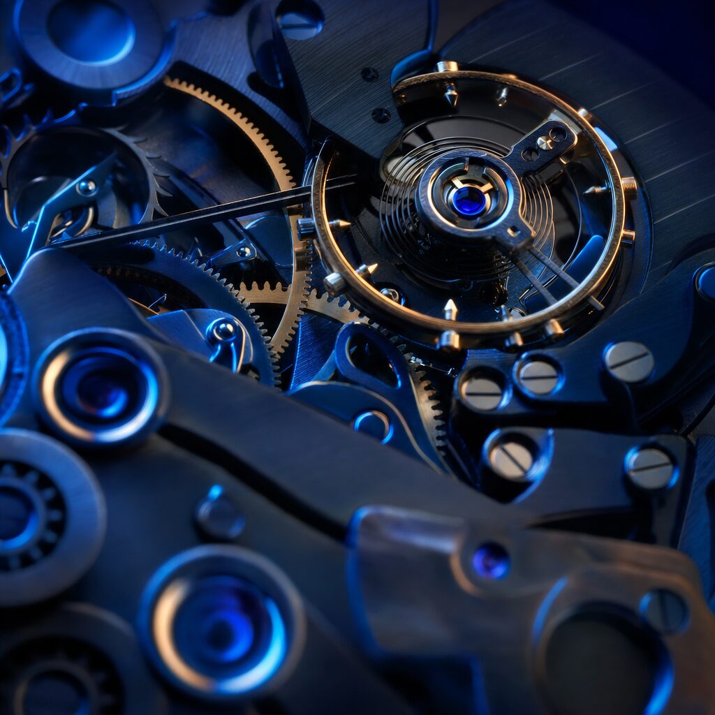 Precision watch movement in blued steel