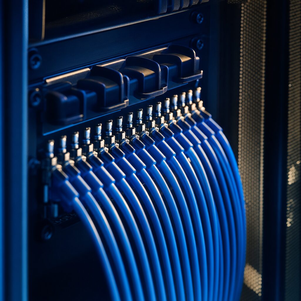 Neatly organized blue network cabling entering a dark panel